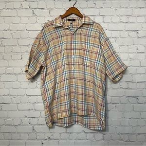 Alan Flusser Mens Multicolor Button Down Shirt Short Sleeve Size XL 100% Linen